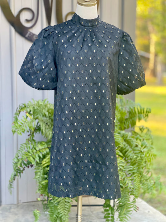The Gold Feather Textured Bubble Sleeve Dress - Milly's Boutique