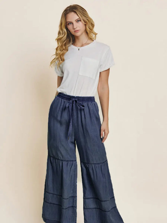 Washed Dark Denim Tiered Wide Leg Pants - Milly's Boutique