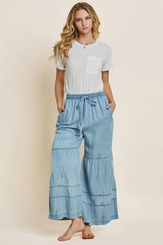 Washed Denim Tiered Wide Leg Pants - Milly's Boutique
