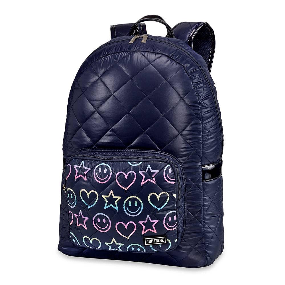 Navy Diamond Stitch Puffer Backpack w/Smiley Pocket - Milly's Boutique