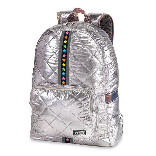 Gunmetal Diamond Stitch Puffer Backpack w/Multi Star Straps - Milly's Boutique